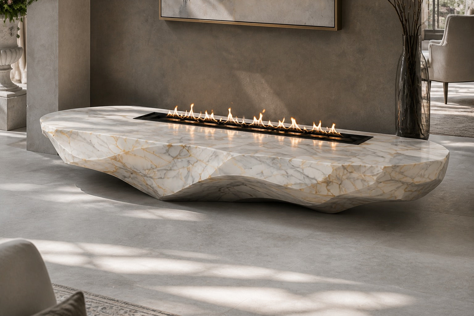 Calacatta marble fire table Onara 220, white with gold and grey veining, on a pale stone floor.