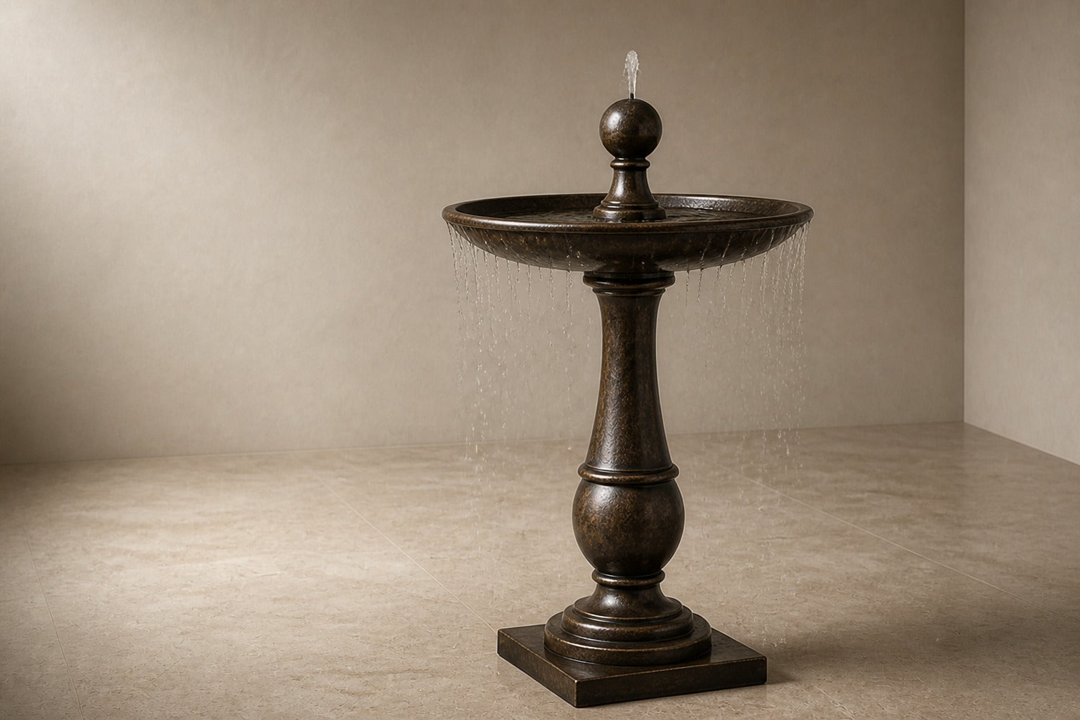 Stone pedestal fountain Ondala Ø65, warm mottled bronze, on a pale stone floor.