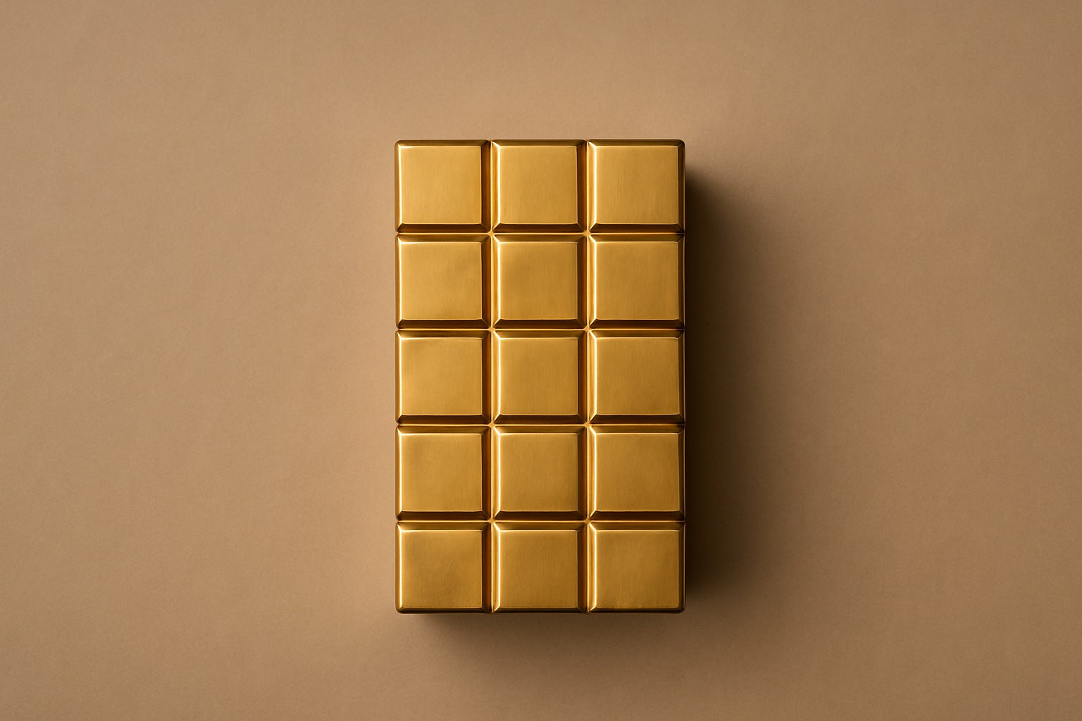 Tall polished brass column built as a grid of raised cushioned panels.
