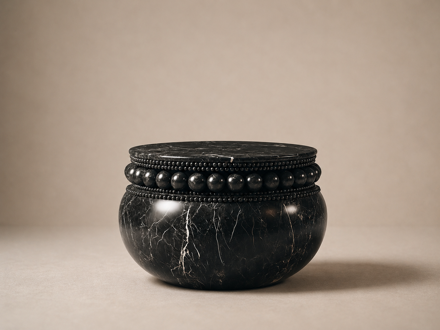 Beaded Pillow Base Compact black marble plinth base by 1-OPH, side elevation