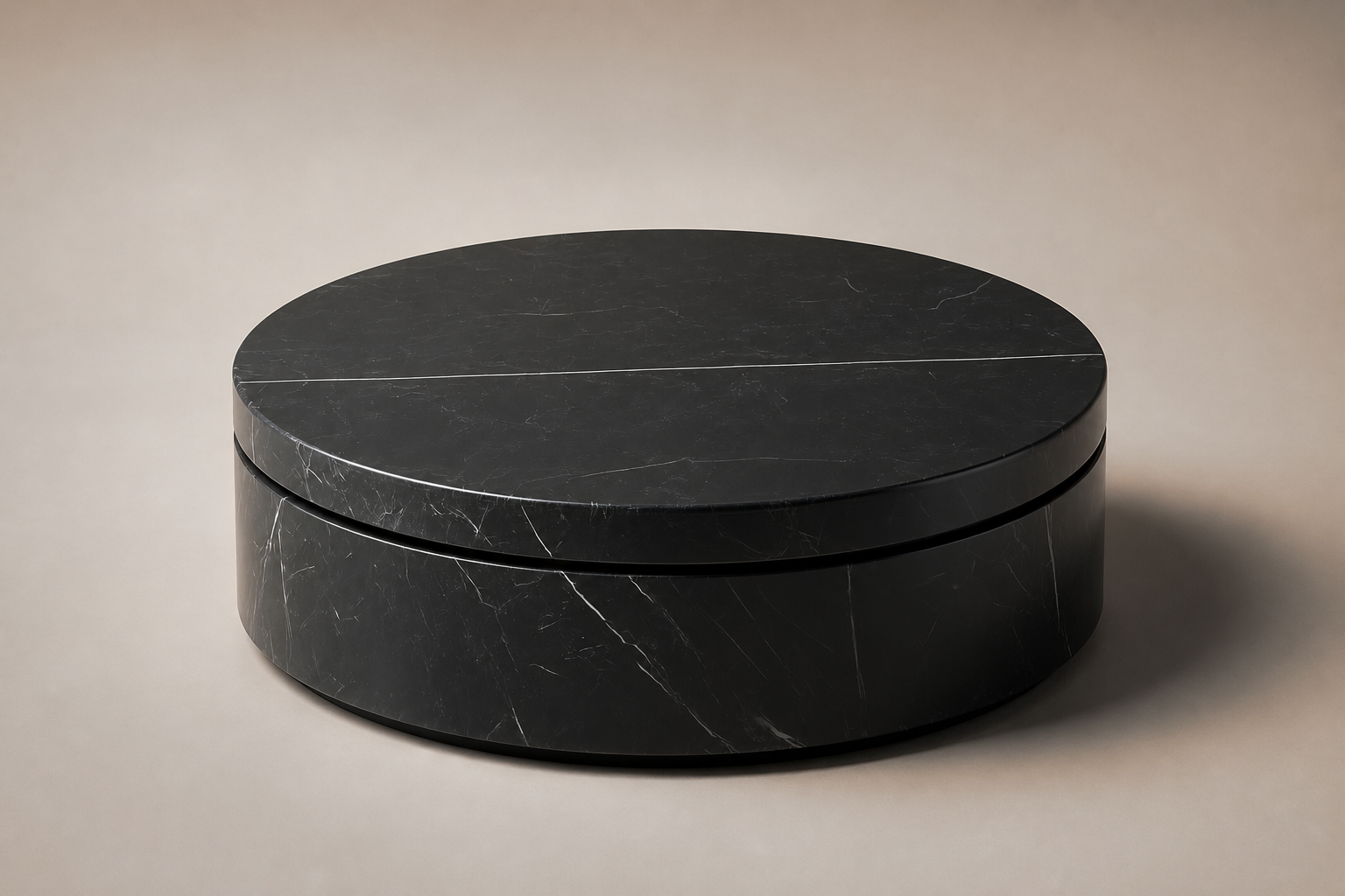 Circular Shadow-Gap Base Disc black marble plinth base by 1-OPH, three-quarter studio view