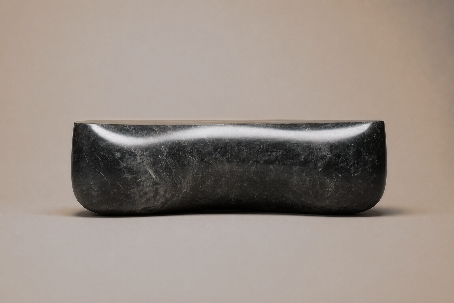 Convex Pillow Base Curved black marble plinth base by 1-OPH, side elevation