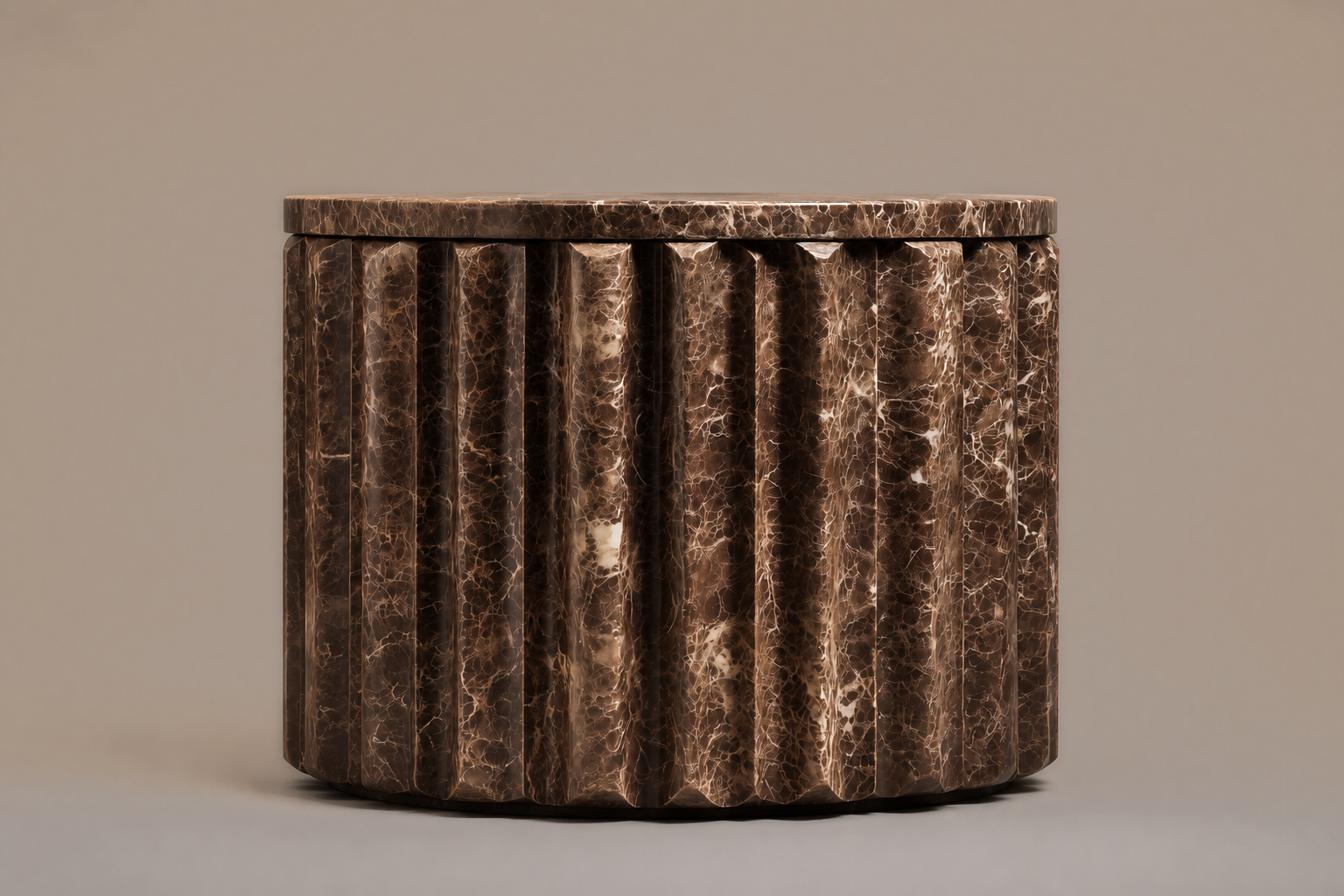 Emperador Fluted Drum Low emperador dark marble plinth base by 1-OPH, side elevation