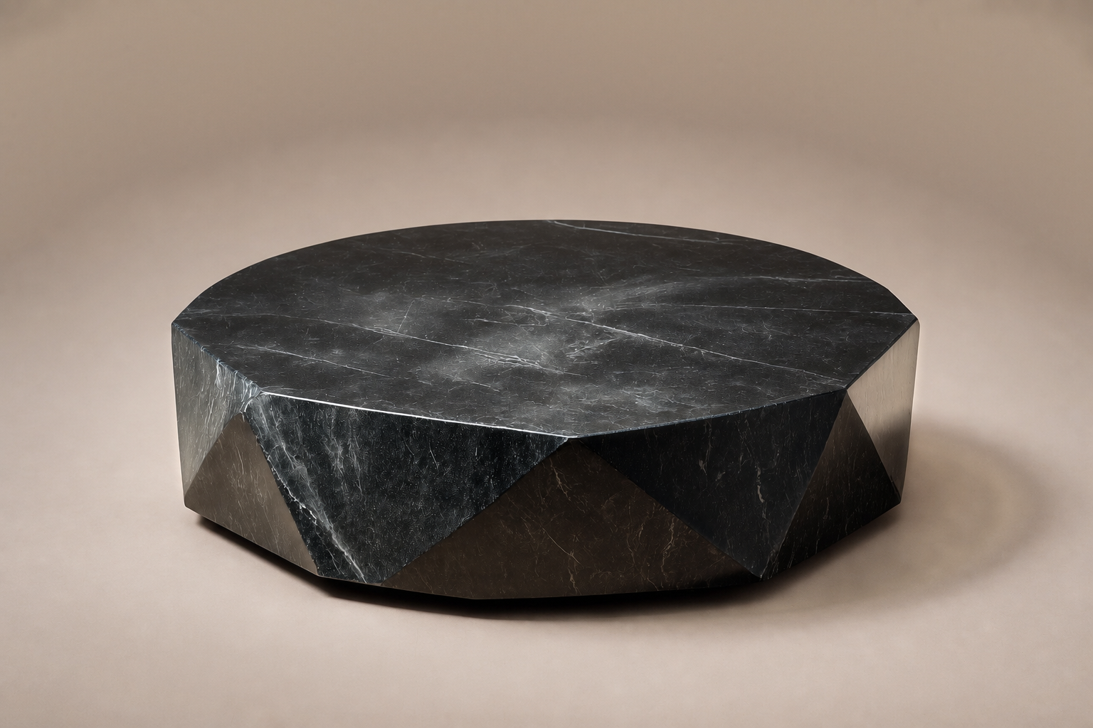 Faceted Circular Base black marble plinth base by 1-OPH, three-quarter studio view