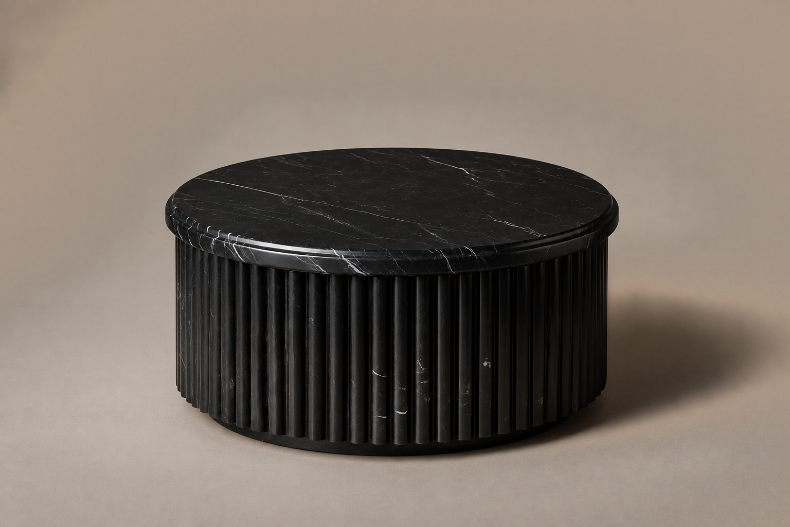 Fluted Drum Base Capped black marble plinth base by 1-OPH, three-quarter studio view