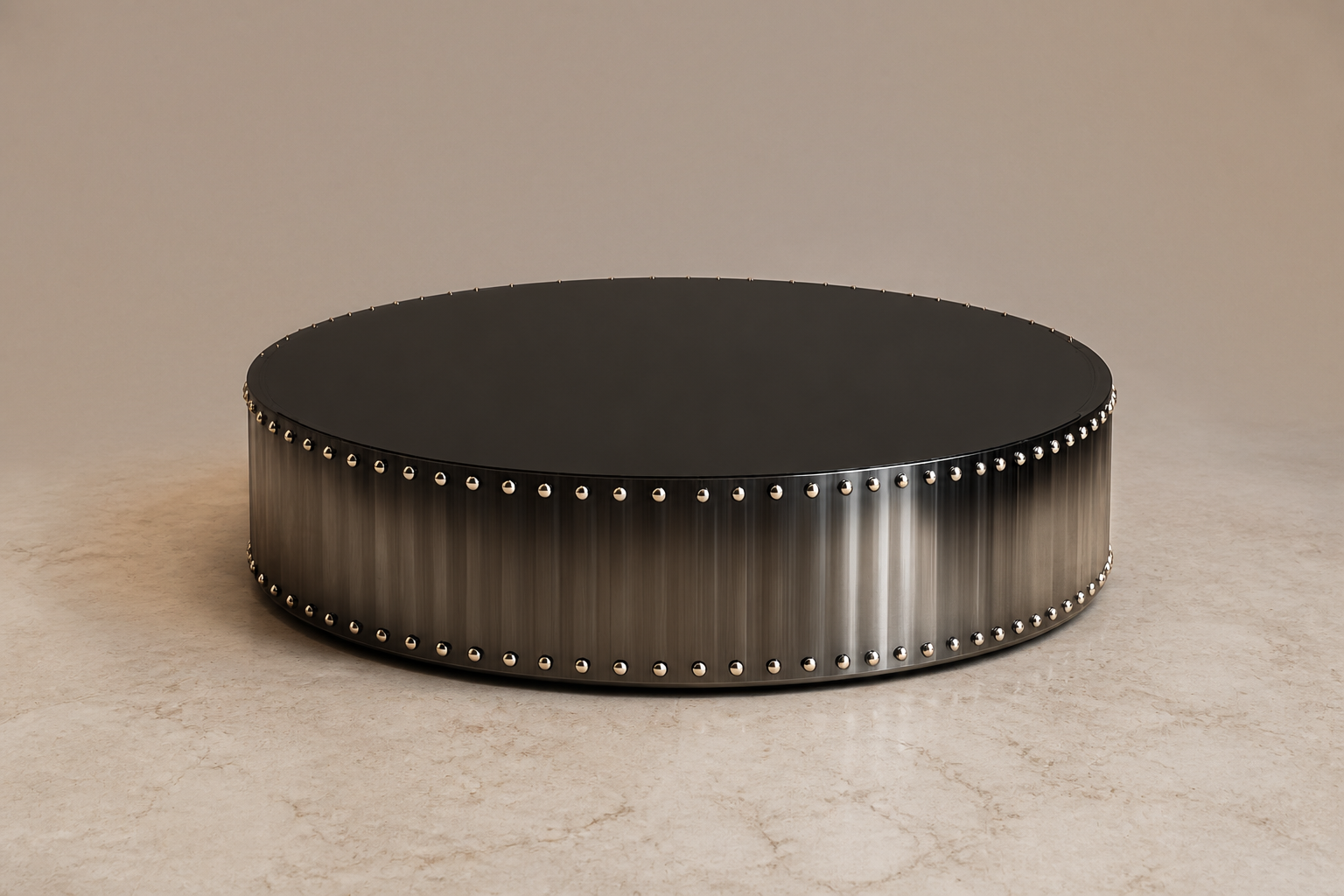 Mirror Stainless Drum Base black marble plinth base by 1-OPH, three-quarter studio view