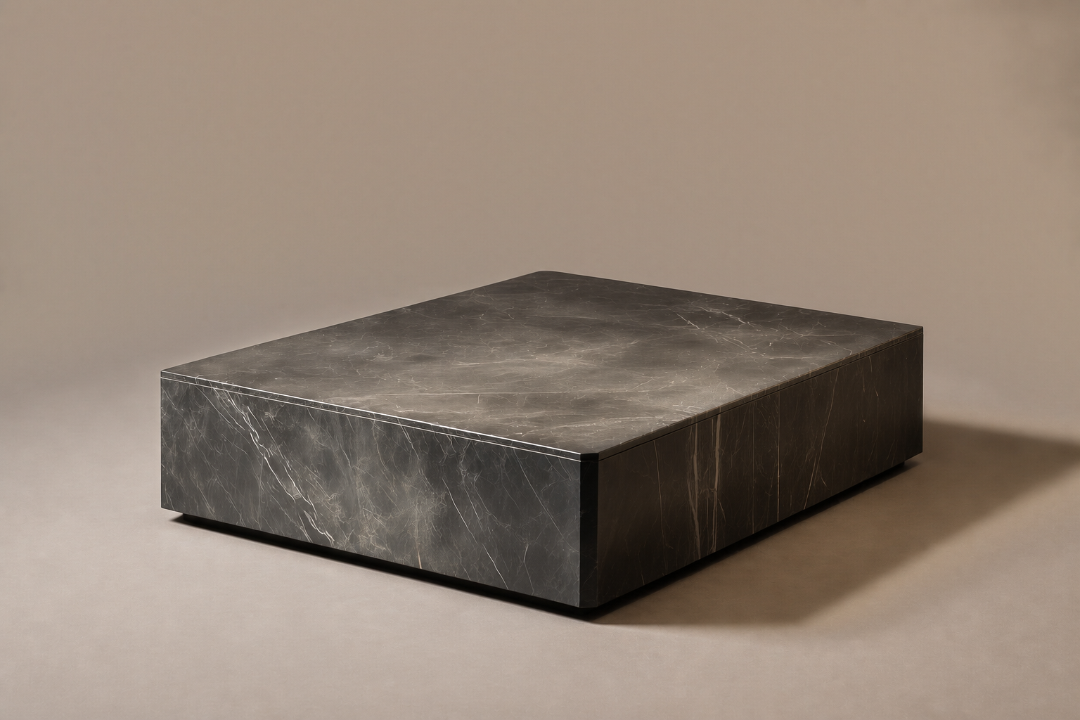 Rounded Miter Base Deep black marble plinth base by 1-OPH, three-quarter studio view