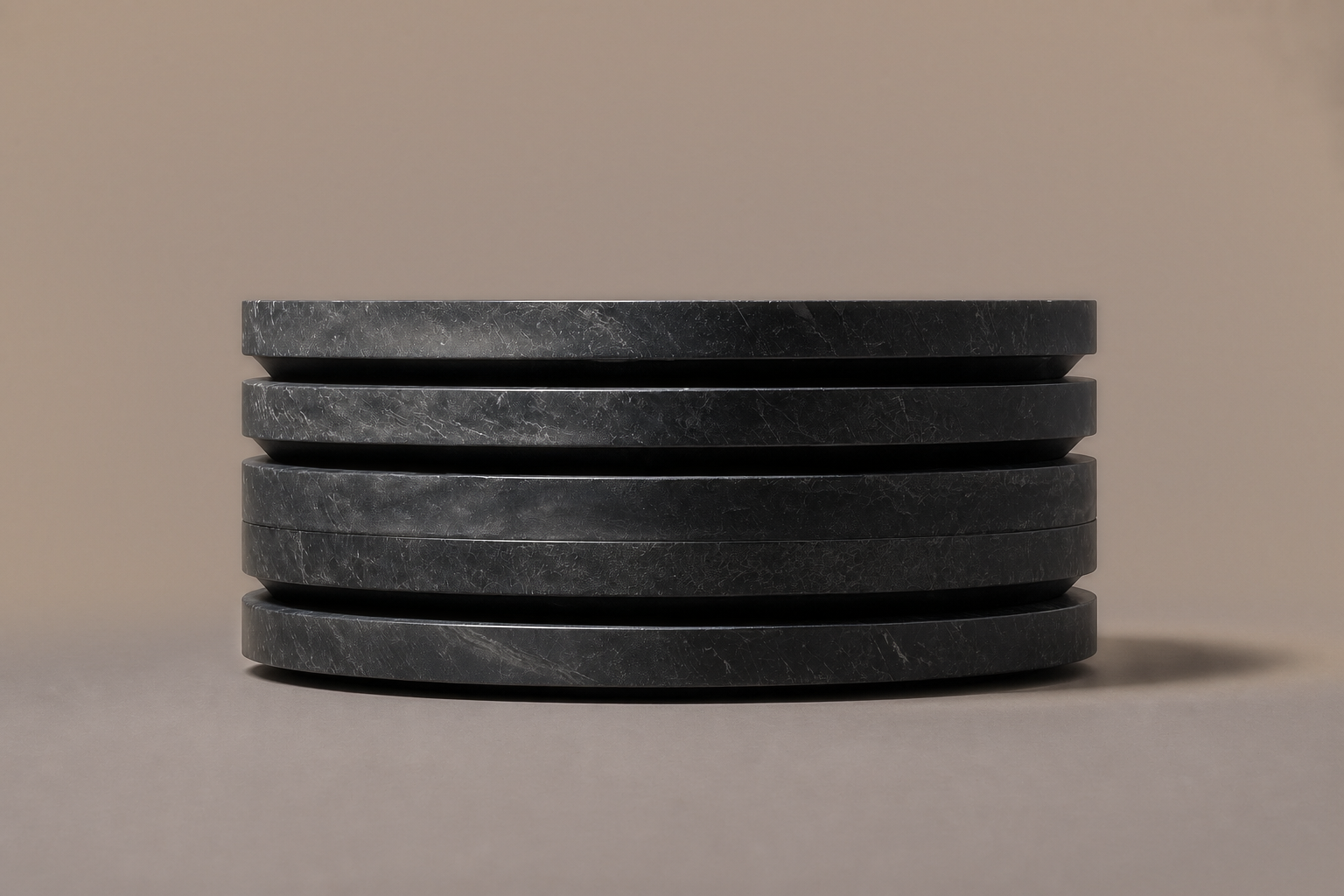 Stacked Disc Base Wide black marble plinth base by 1-OPH, side elevation
