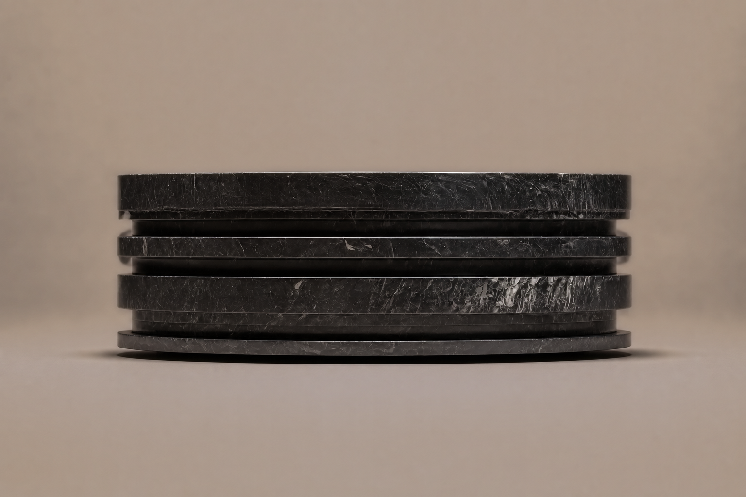 Stacked Disc Base Deep black marble plinth base by 1-OPH, side elevation