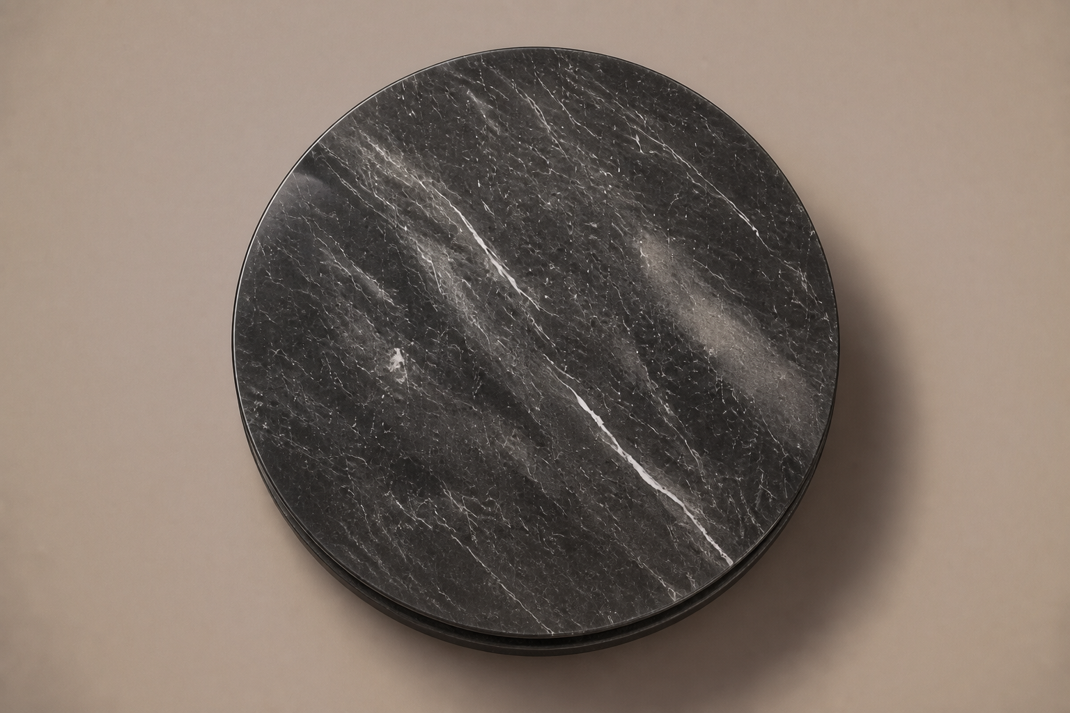 Stacked Disc Base Deep black marble plinth base by 1-OPH, overhead view