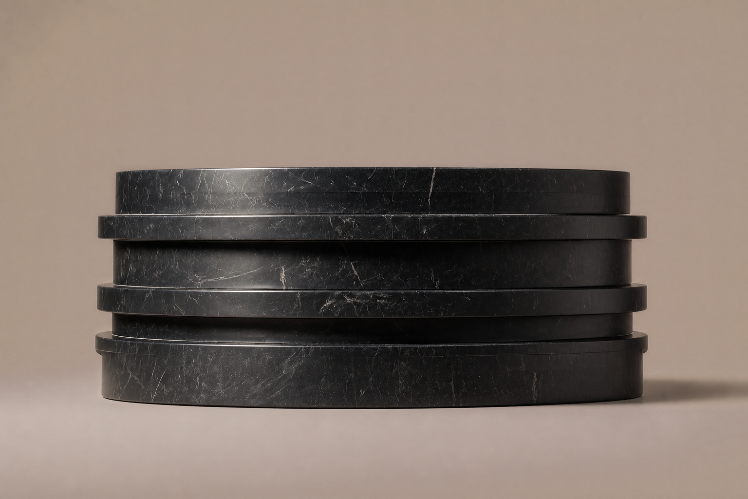 Stacked Disc Base Tall black marble plinth base by 1-OPH, side elevation