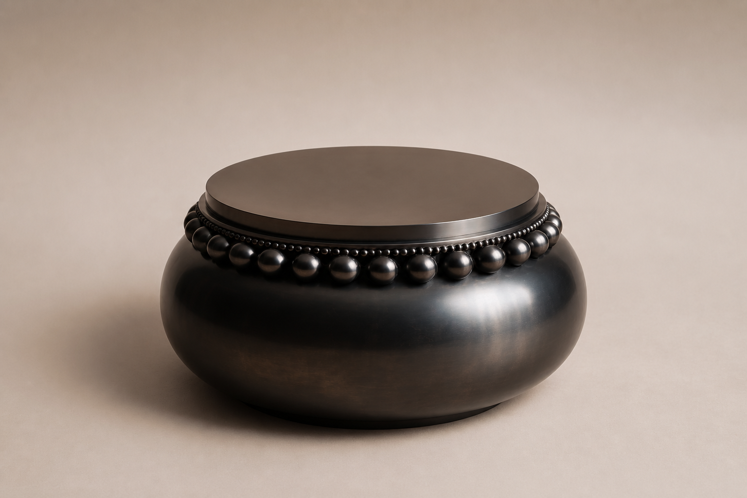 Beaded Pillow Plinth Base black marble plinth base by 1-OPH, three-quarter studio view