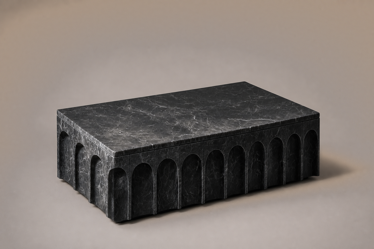 Arcade Base Low black marble plinth base by 1-OPH, three-quarter studio view