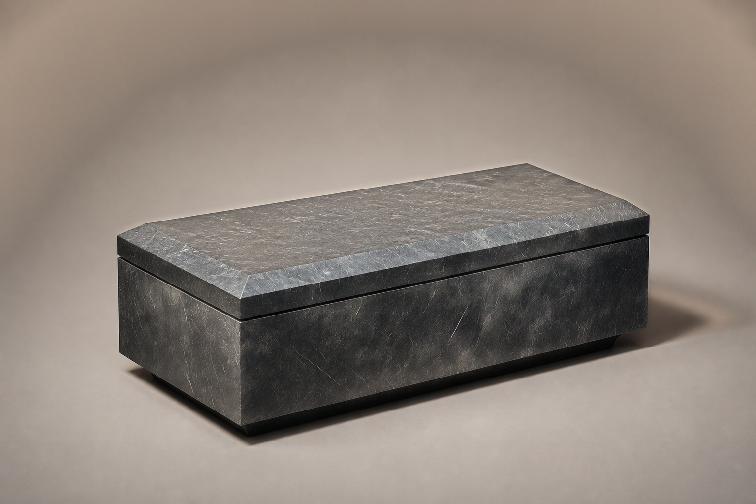 Chamfered Block Base Long black marble plinth base by 1-OPH, three-quarter studio view