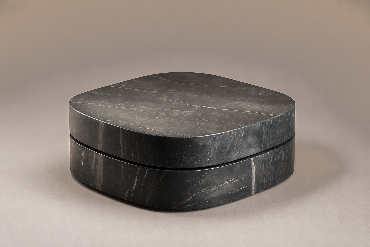 Concave Groove Base Round black marble plinth base by 1-OPH, three-quarter studio view