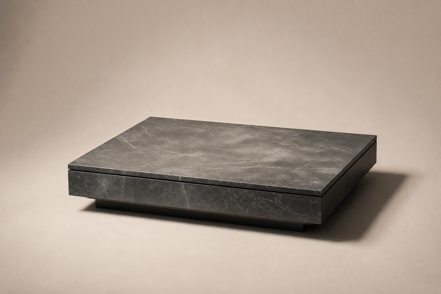 Floating Slab Base black marble plinth base by 1-OPH, three-quarter studio view