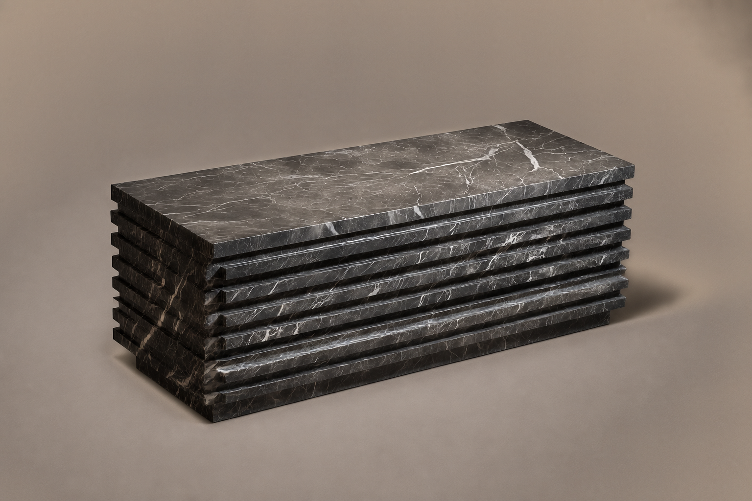Grigio Ribbed Base Long grigio carnico marble plinth base by 1-OPH, three-quarter studio view