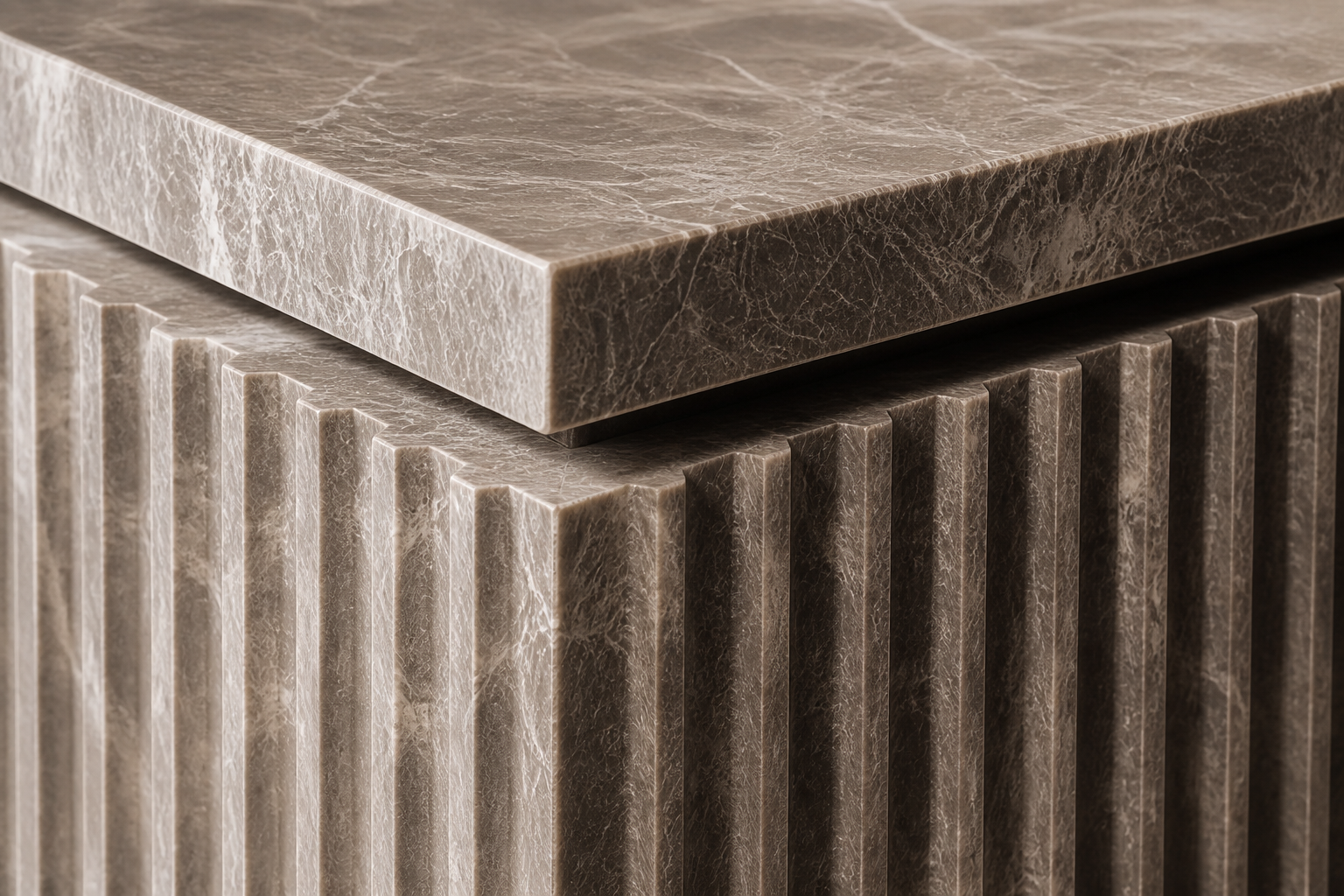 Pietra Grey Reeded Base Warm pietra grey marble plinth base by 1-OPH, surface detail