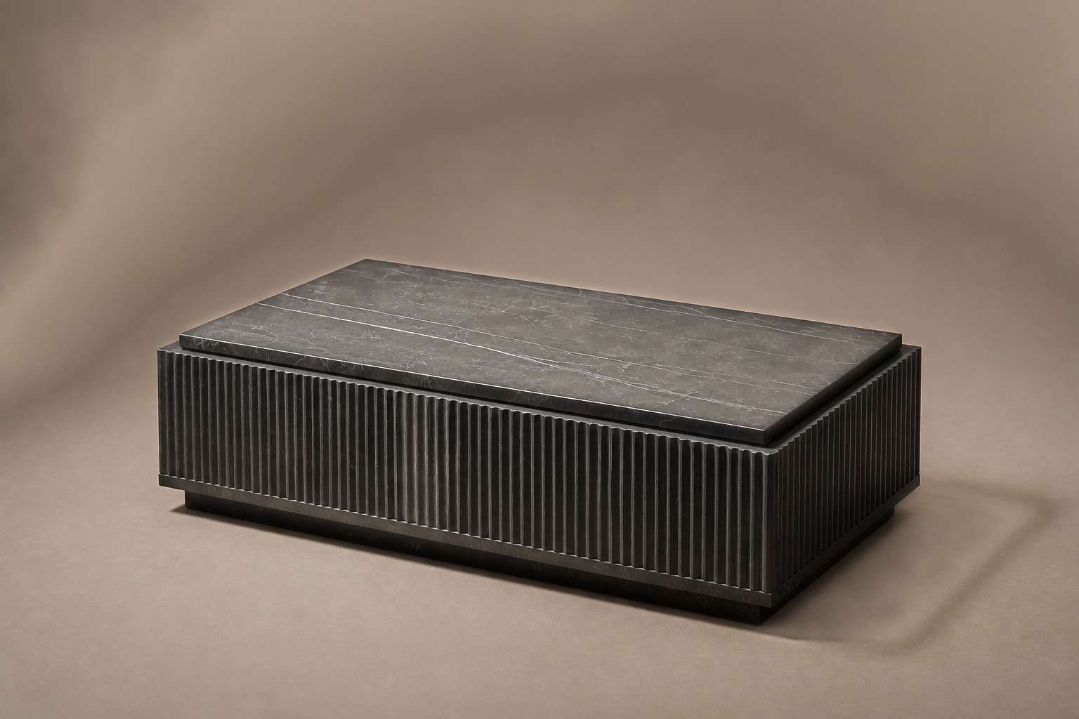 Reeded Base Long black marble plinth base by 1-OPH, three-quarter studio view