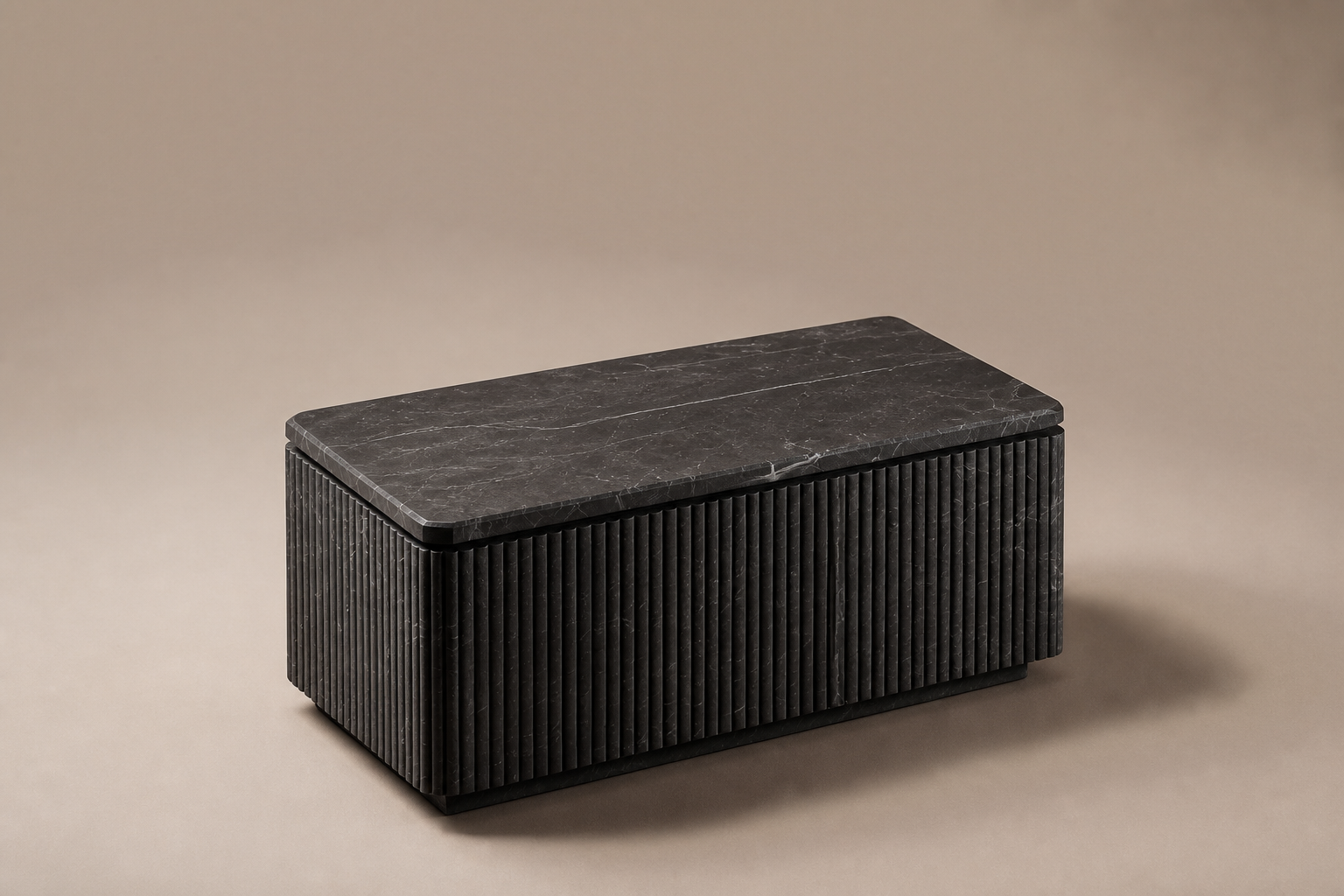 Reeded Base Compact black marble plinth base by 1-OPH, three-quarter studio view