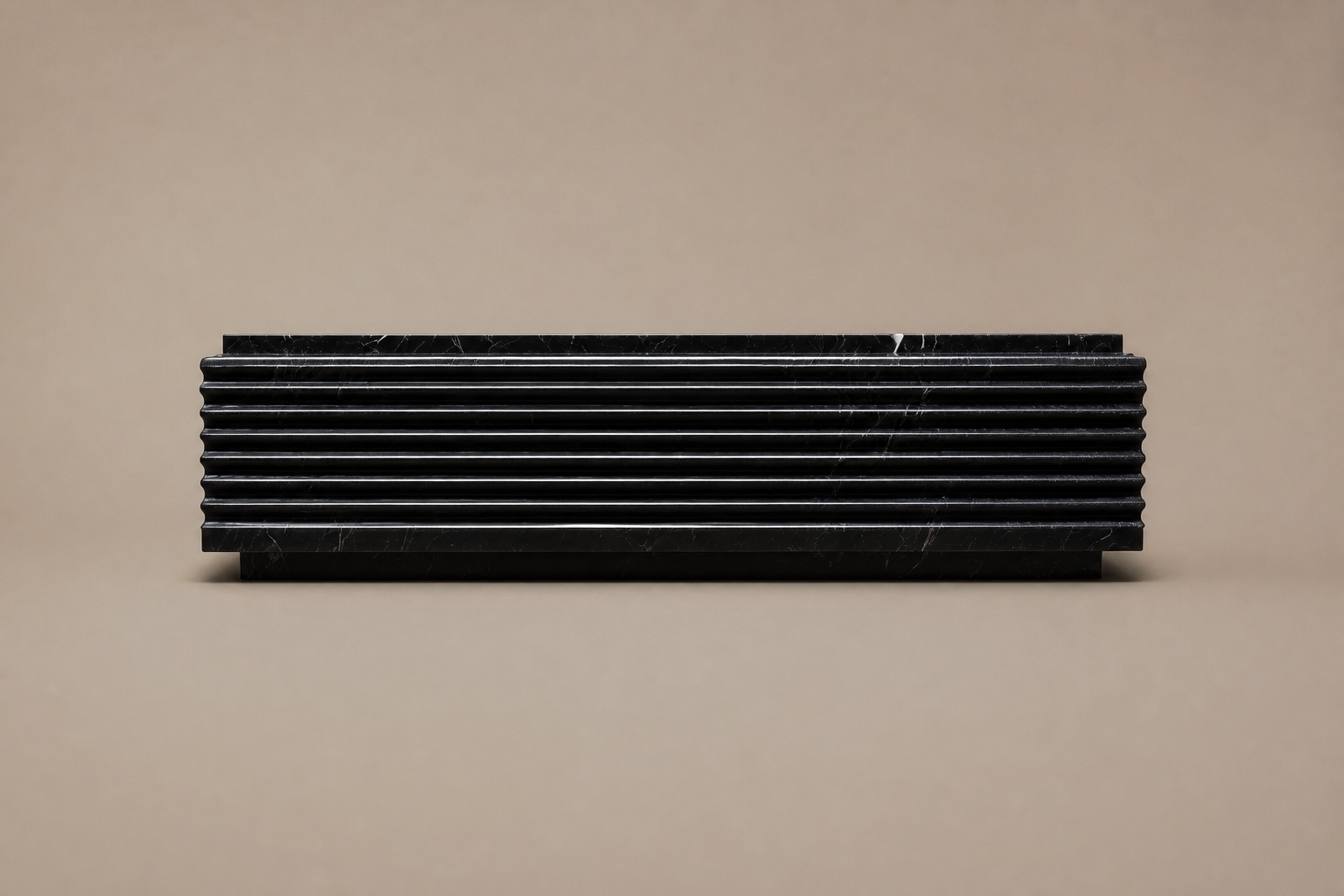 Ribbed Horizontal Base Long black marble plinth base by 1-OPH, side elevation