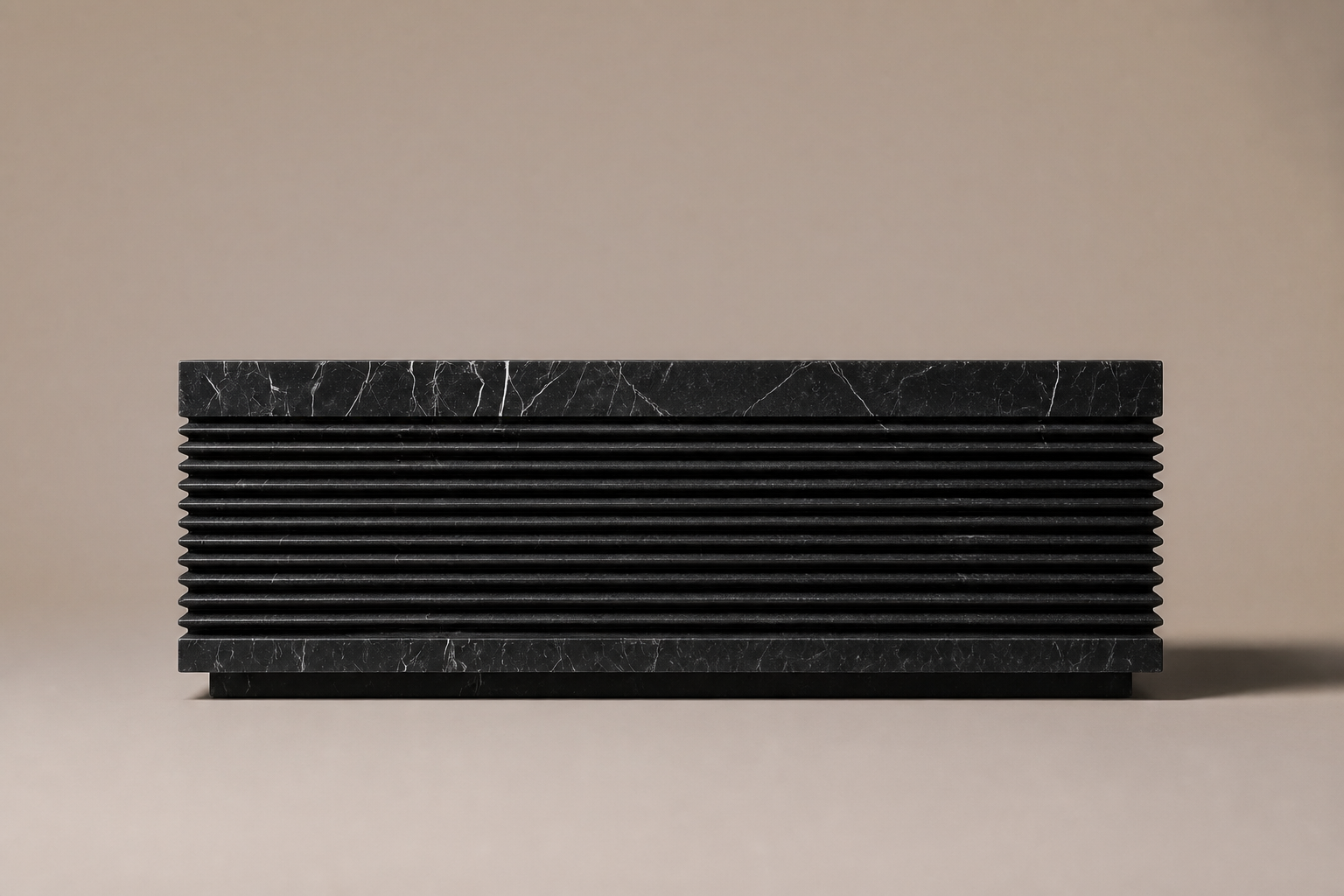 Ribbed Horizontal Base Deep black marble plinth base by 1-OPH, side elevation