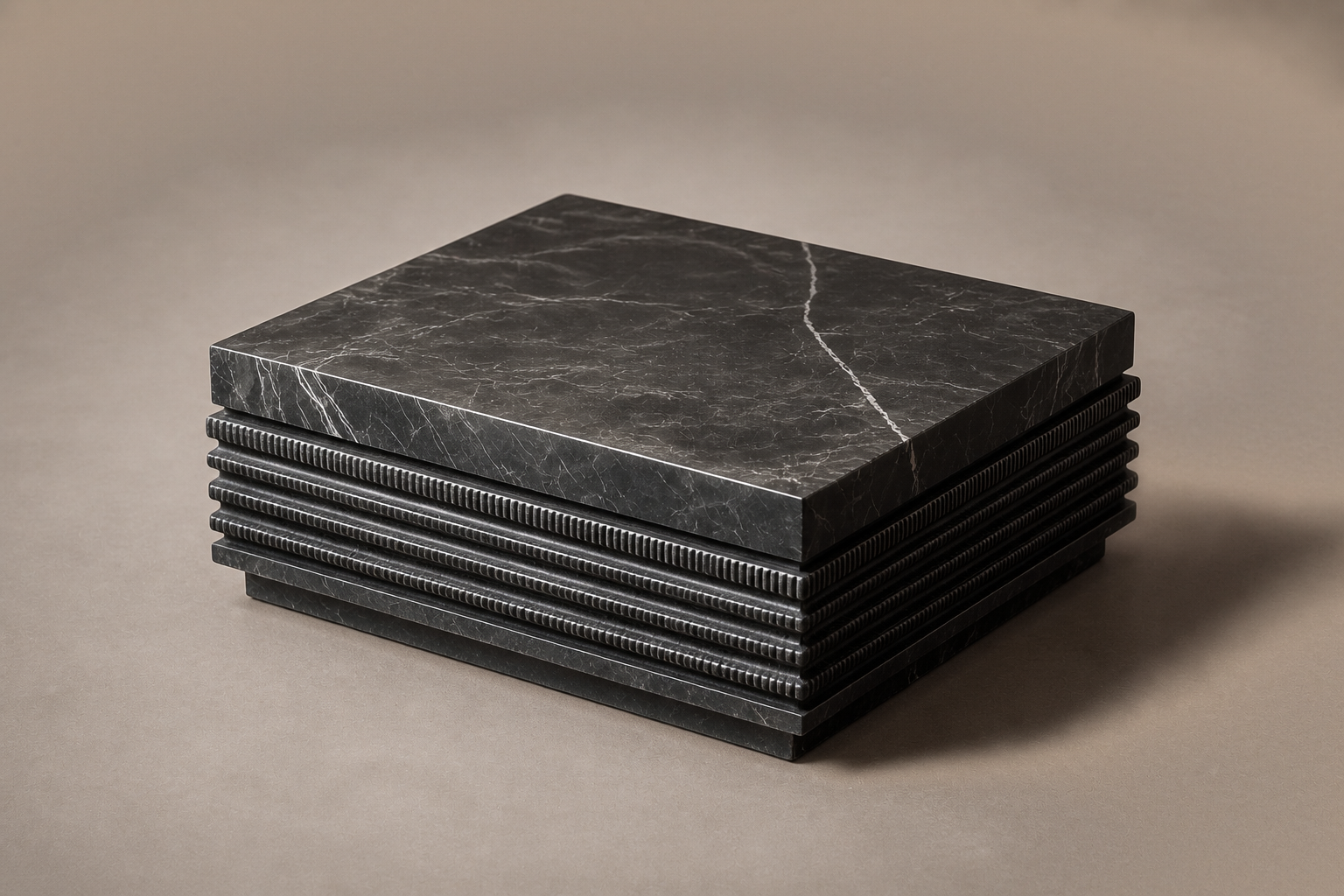 Ribbed Horizontal Base Stacked black marble plinth base by 1-OPH, three-quarter studio view