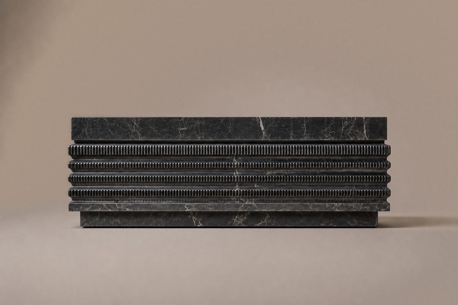Ribbed Horizontal Base Stacked black marble plinth base by 1-OPH, side elevation