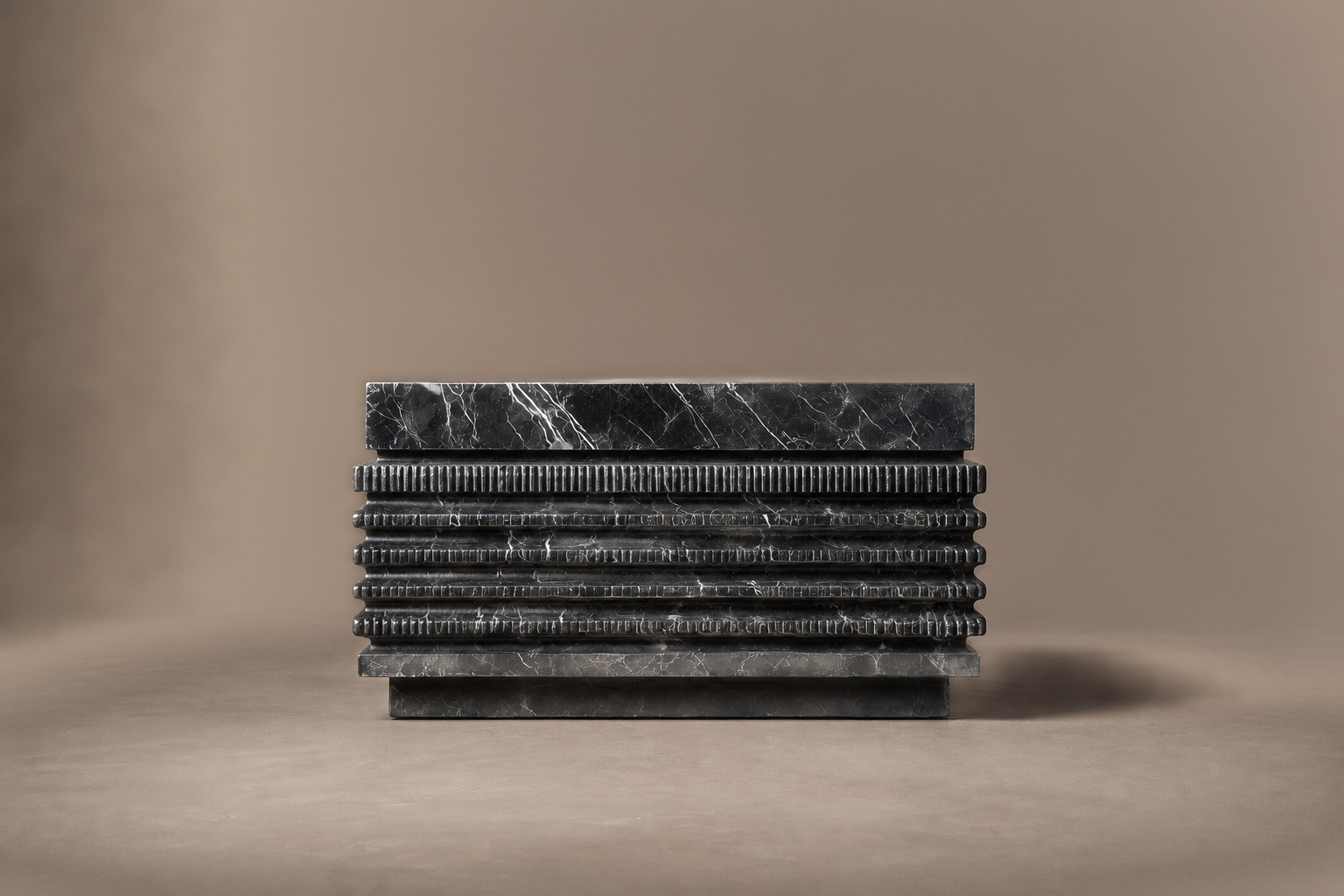 Ribbed Horizontal Base Stacked black marble plinth base by 1-OPH, surface detail