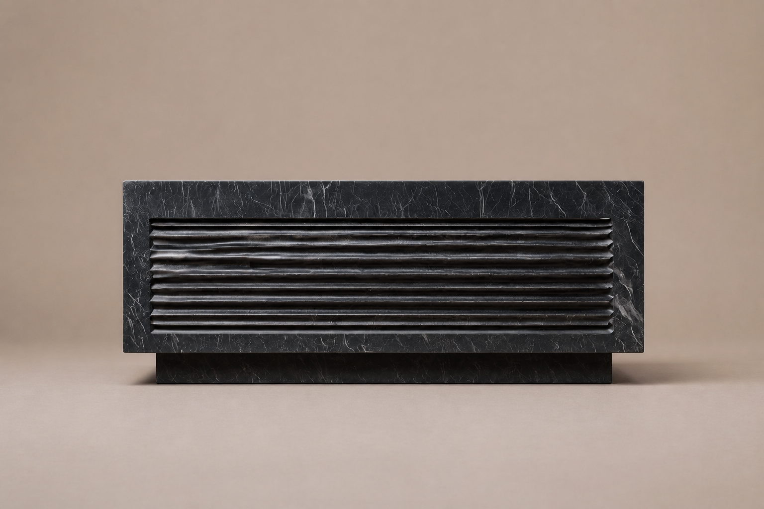 Ribbed Horizontal Base Compact black marble plinth base by 1-OPH, side elevation