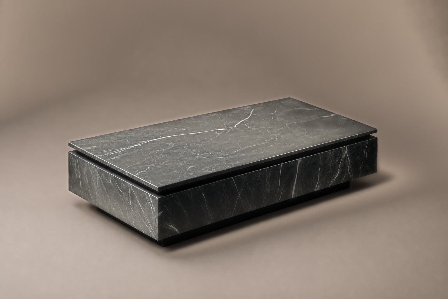 Shadow-Gap Base Slim black marble plinth base by 1-OPH, three-quarter studio view