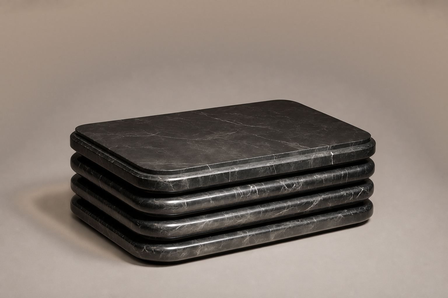 Triple Bullnose Base Rounded black marble plinth base by 1-OPH, three-quarter studio view