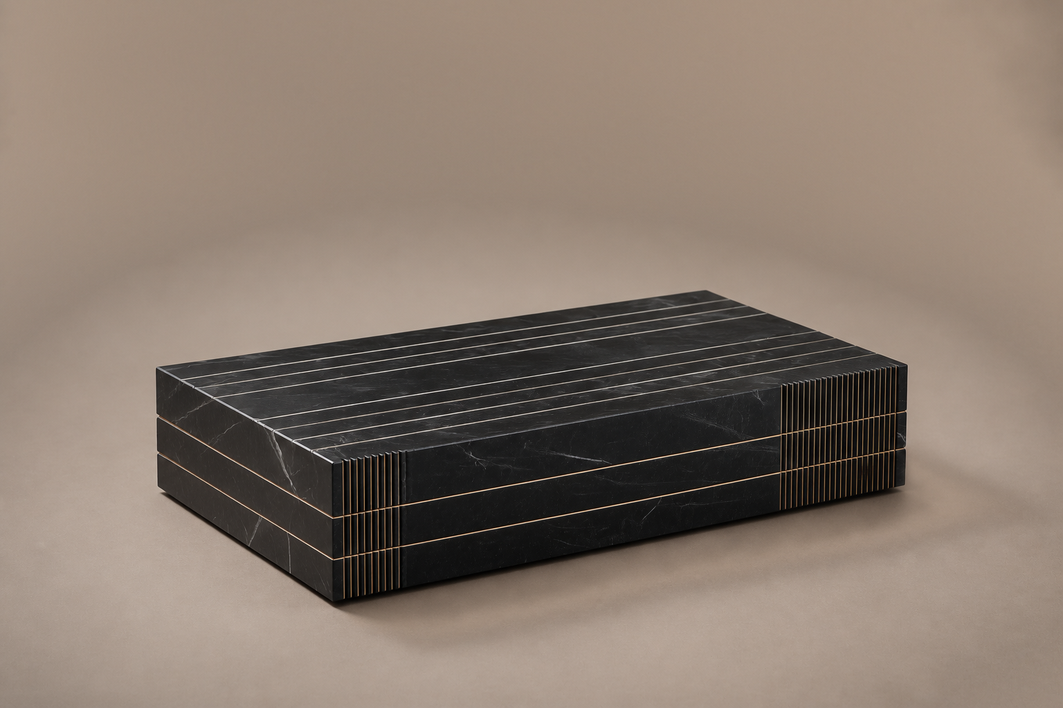 Wire-Line Base Inlaid black marble plinth base by 1-OPH, three-quarter studio view