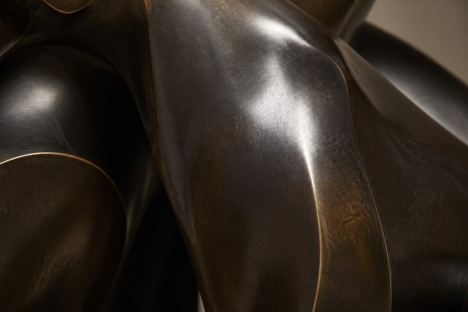 Near-black patinated bronze sculpture Pedregal, two big-cat figures entwined as a single mass, shown on a travertine display plinth.