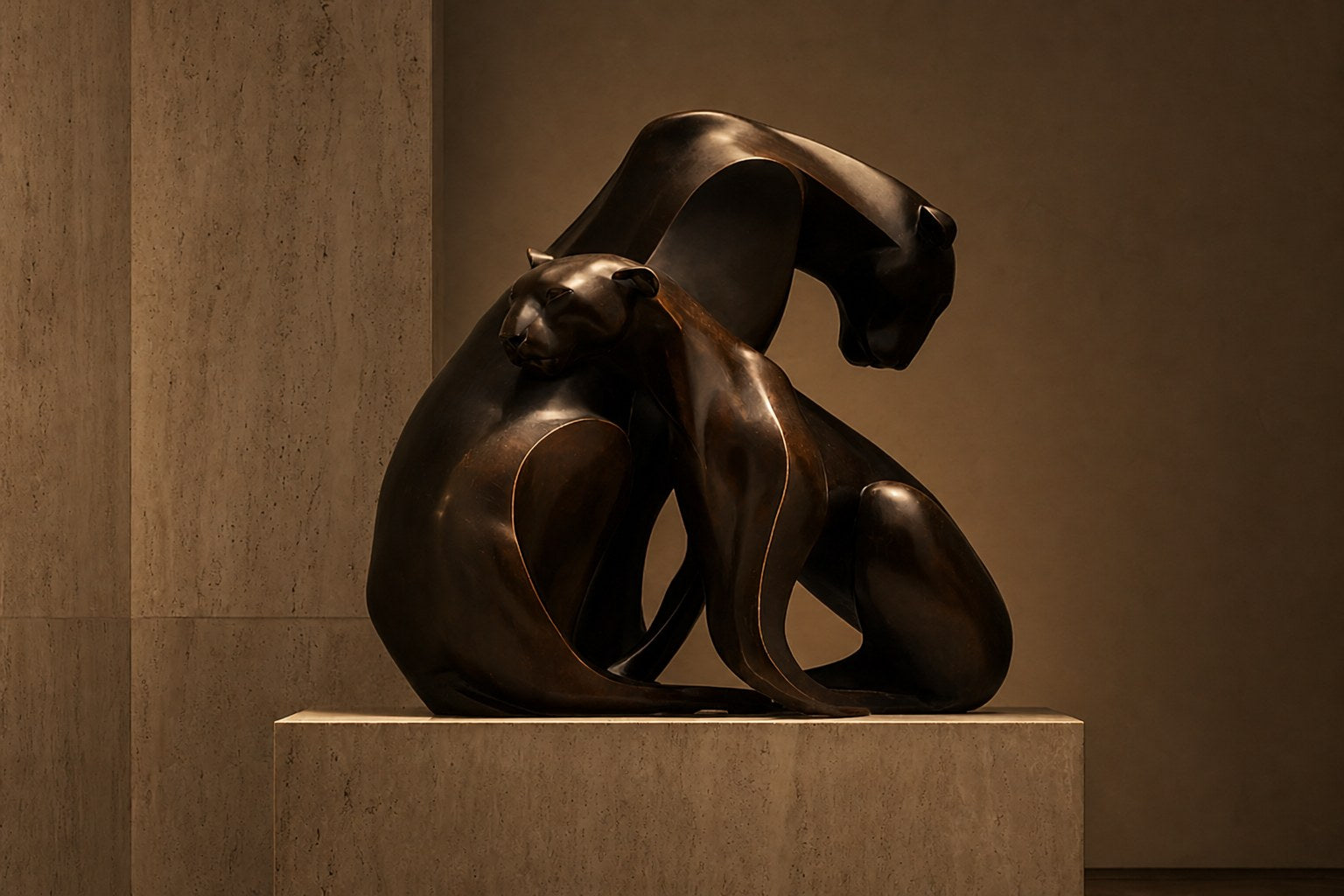 Near-black patinated bronze sculpture Pedregal, two big-cat figures entwined as a single mass, shown on a travertine display plinth.