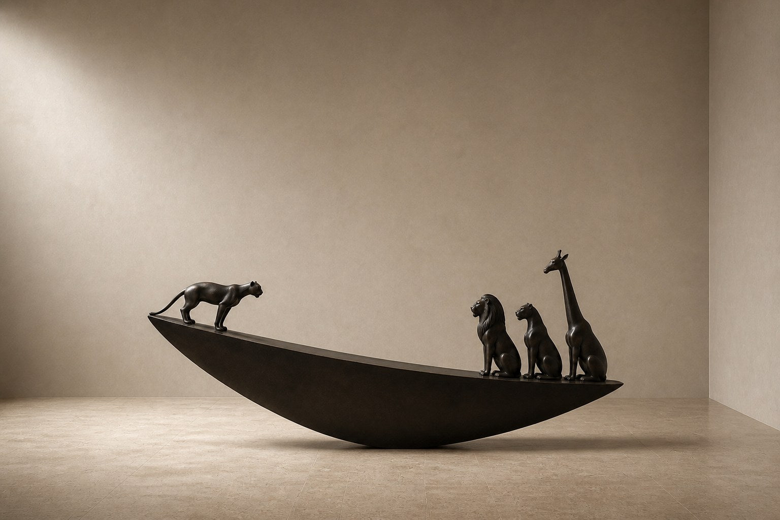 Dark bronze crescent sculpture Quebrada balanced on its curve, three seated forms at the high end and one walking down the fall.