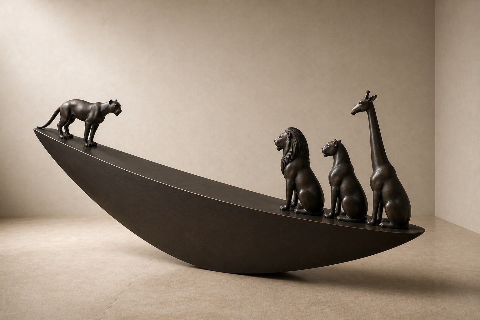 Dark bronze crescent sculpture Quebrada balanced on its curve, three seated forms at the high end and one walking down the fall.