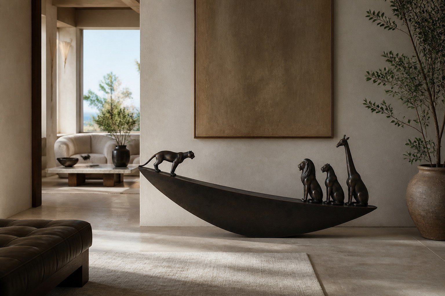 Dark bronze crescent sculpture Quebrada balanced on its curve, three seated forms at the high end and one walking down the fall.