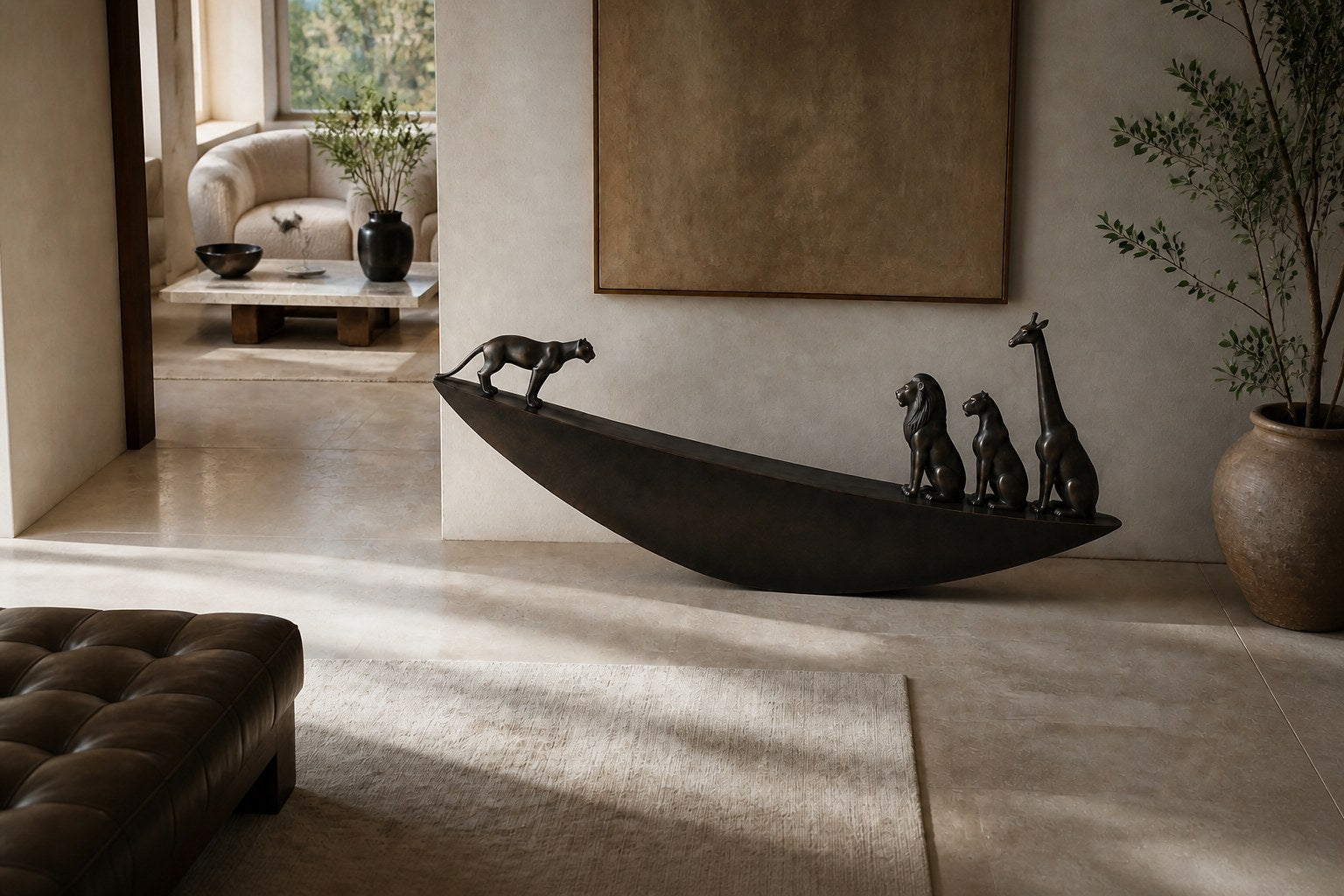 Dark bronze crescent sculpture Quebrada balanced on its curve, three seated forms at the high end and one walking down the fall.