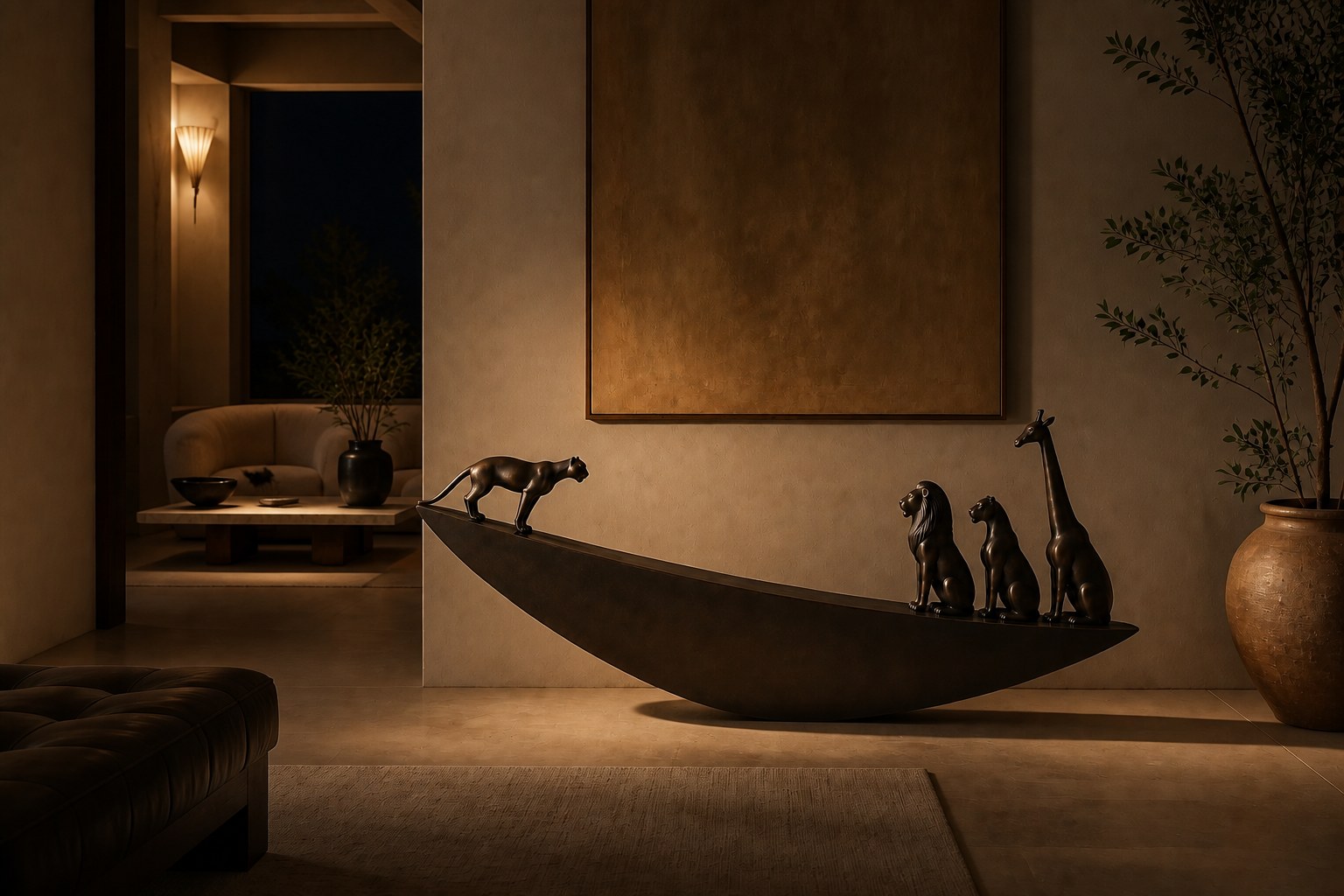 Dark bronze crescent sculpture Quebrada balanced on its curve, three seated forms at the high end and one walking down the fall.