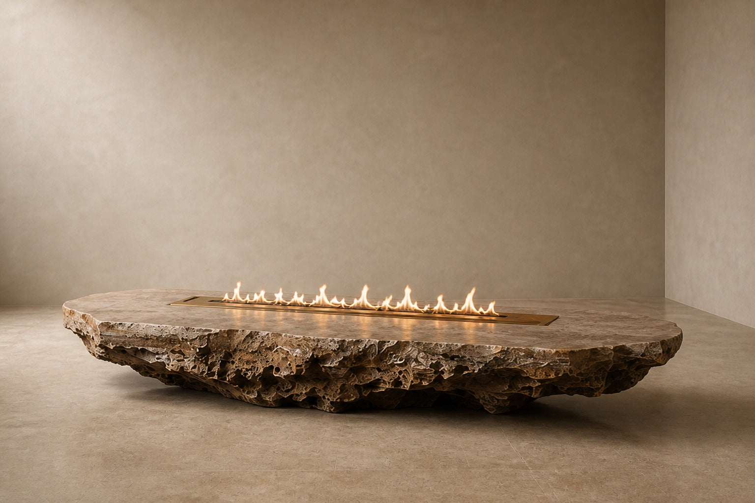 Coral travertine fire table Rimala 220, warm coral and honey, on a pale stone floor.