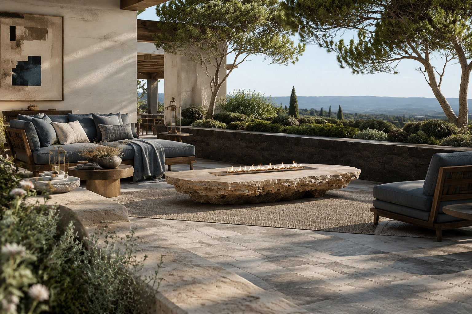 Coral travertine fire table Rimala 220, warm coral and honey, on a pale stone floor.