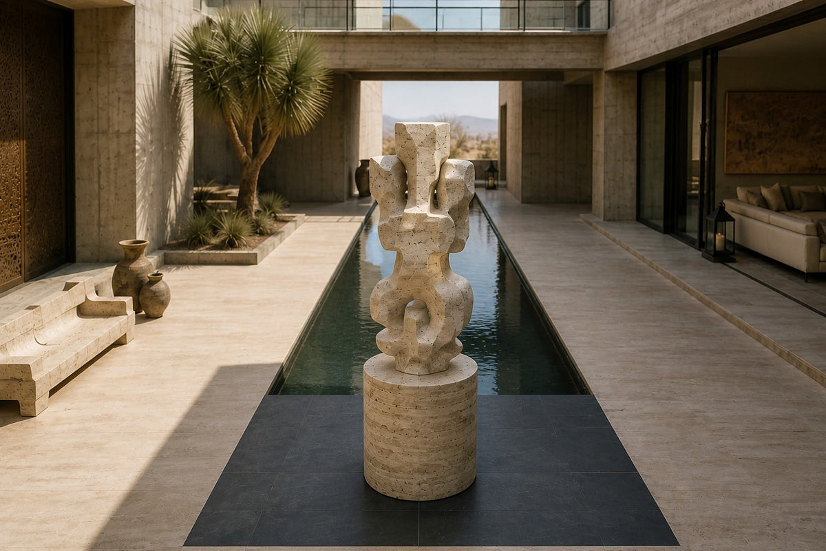 Cream travertine sculpture Ruchbah, a column of stacked interlocking carved blocks on a travertine drum plinth.