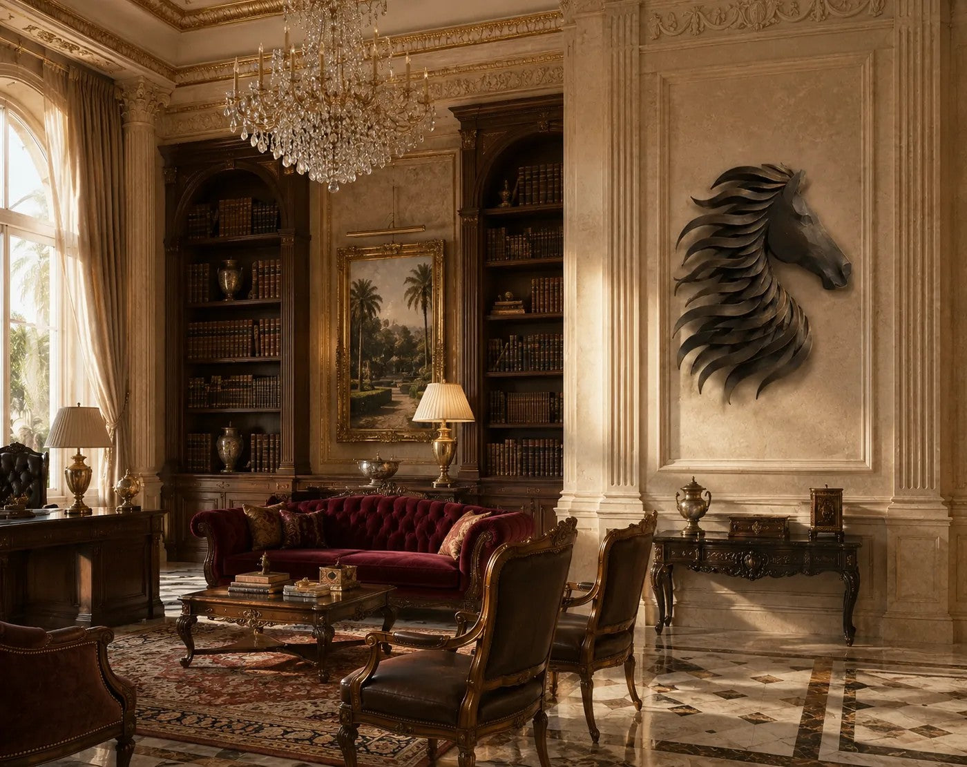 Warm brass and gold brass wall sculpture Sabuh, slender rods of graded length on a concealed spine, on a plaster wall.