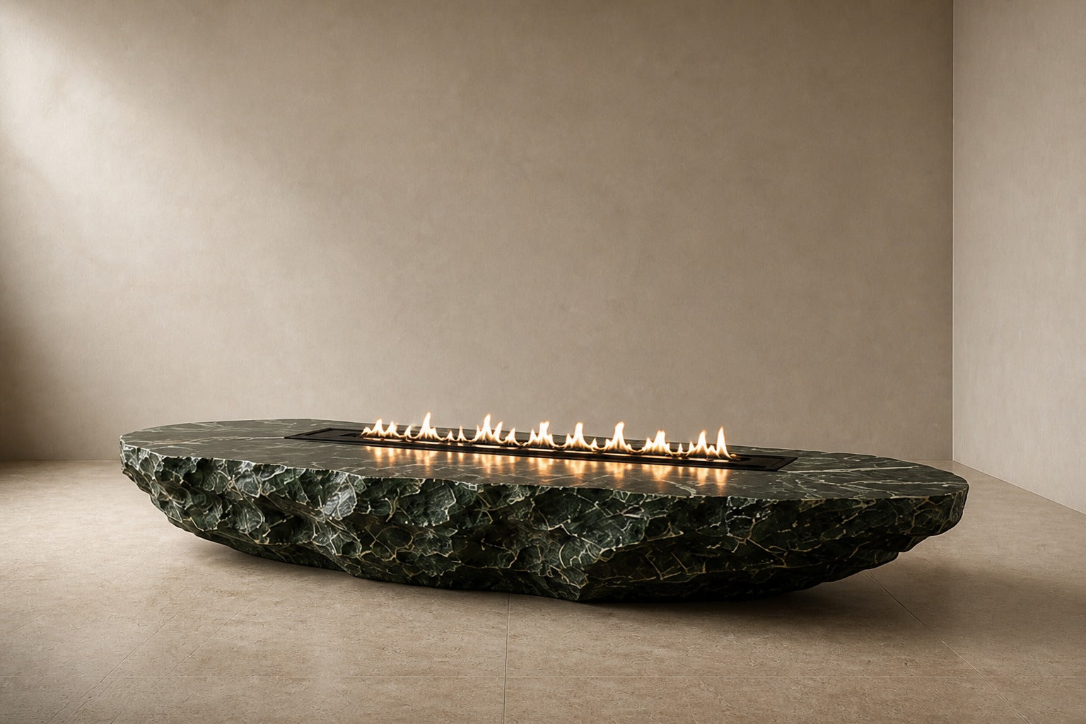 Deep green marble fire table Sacharu 220, deep green with pale veining, on a pale stone floor.