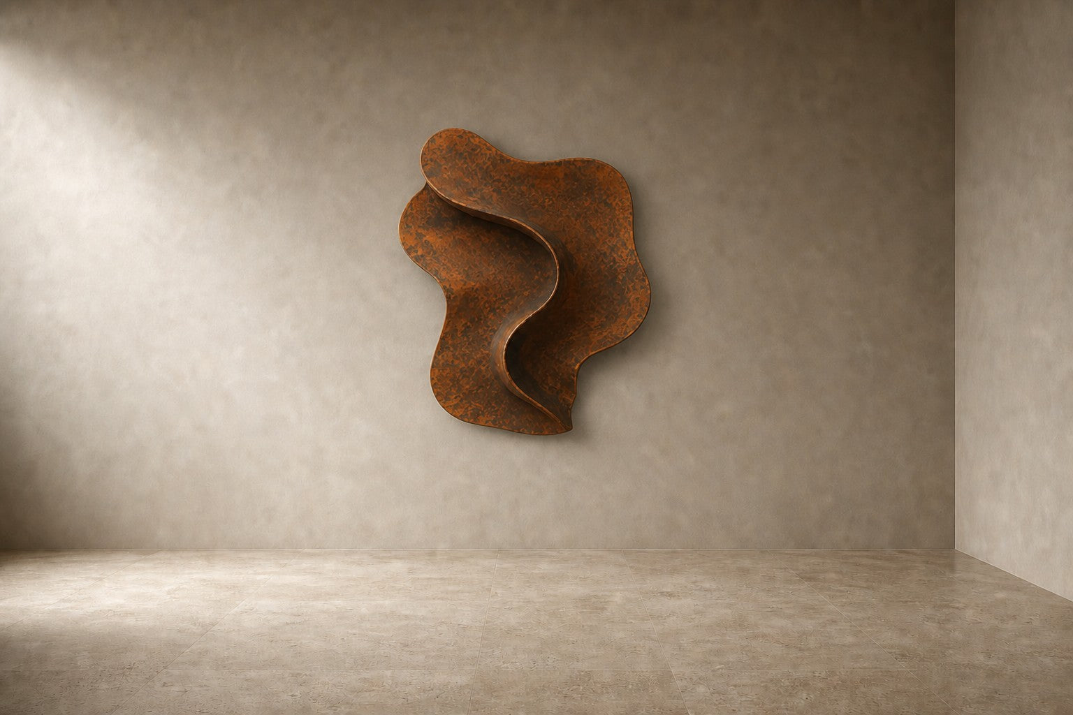 Satin steel steel wall sculpture Eco, concentric rings stepping back to a recessed centre, on a plaster wall.