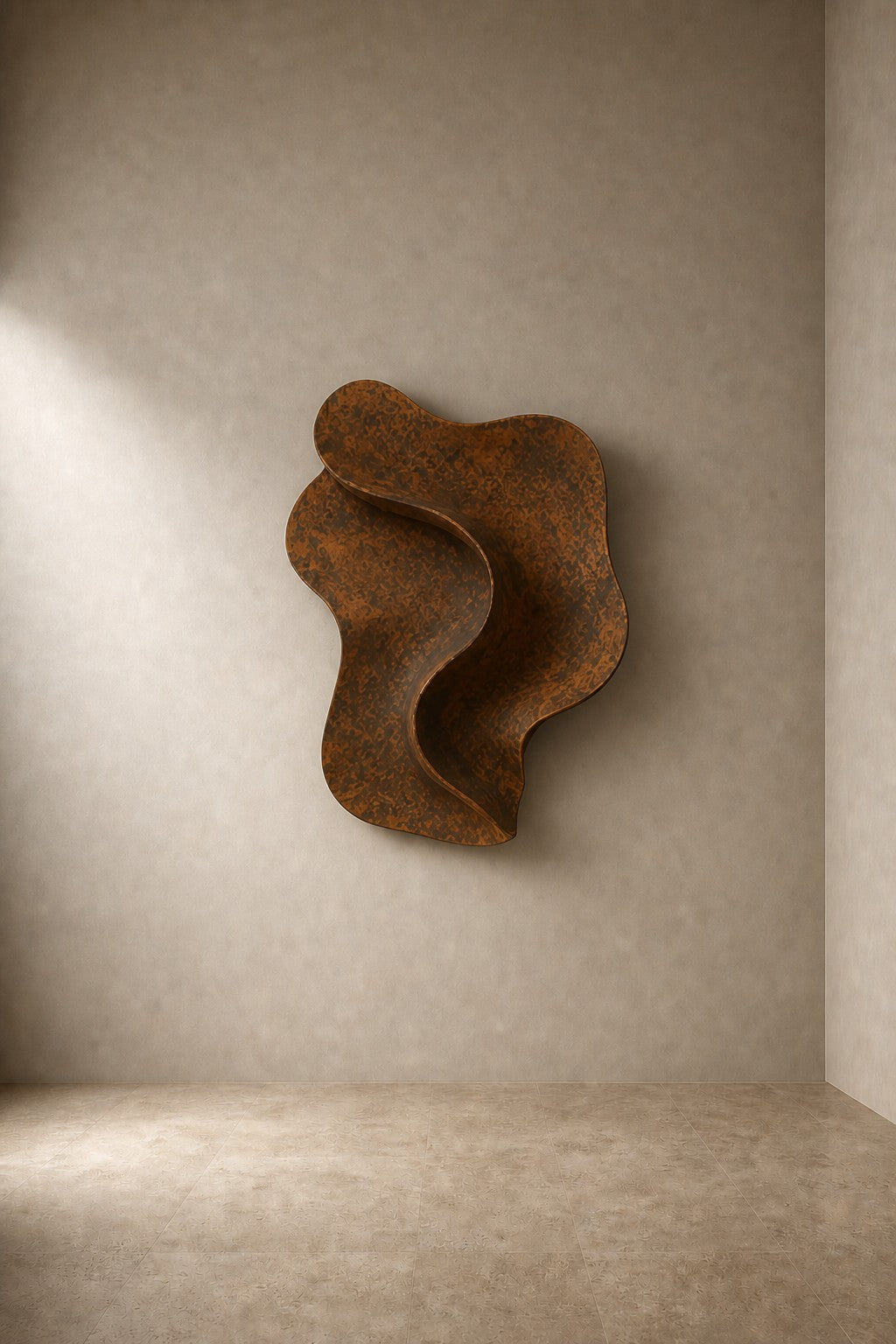 Satin steel steel wall sculpture Eco, concentric rings stepping back to a recessed centre, on a plaster wall.