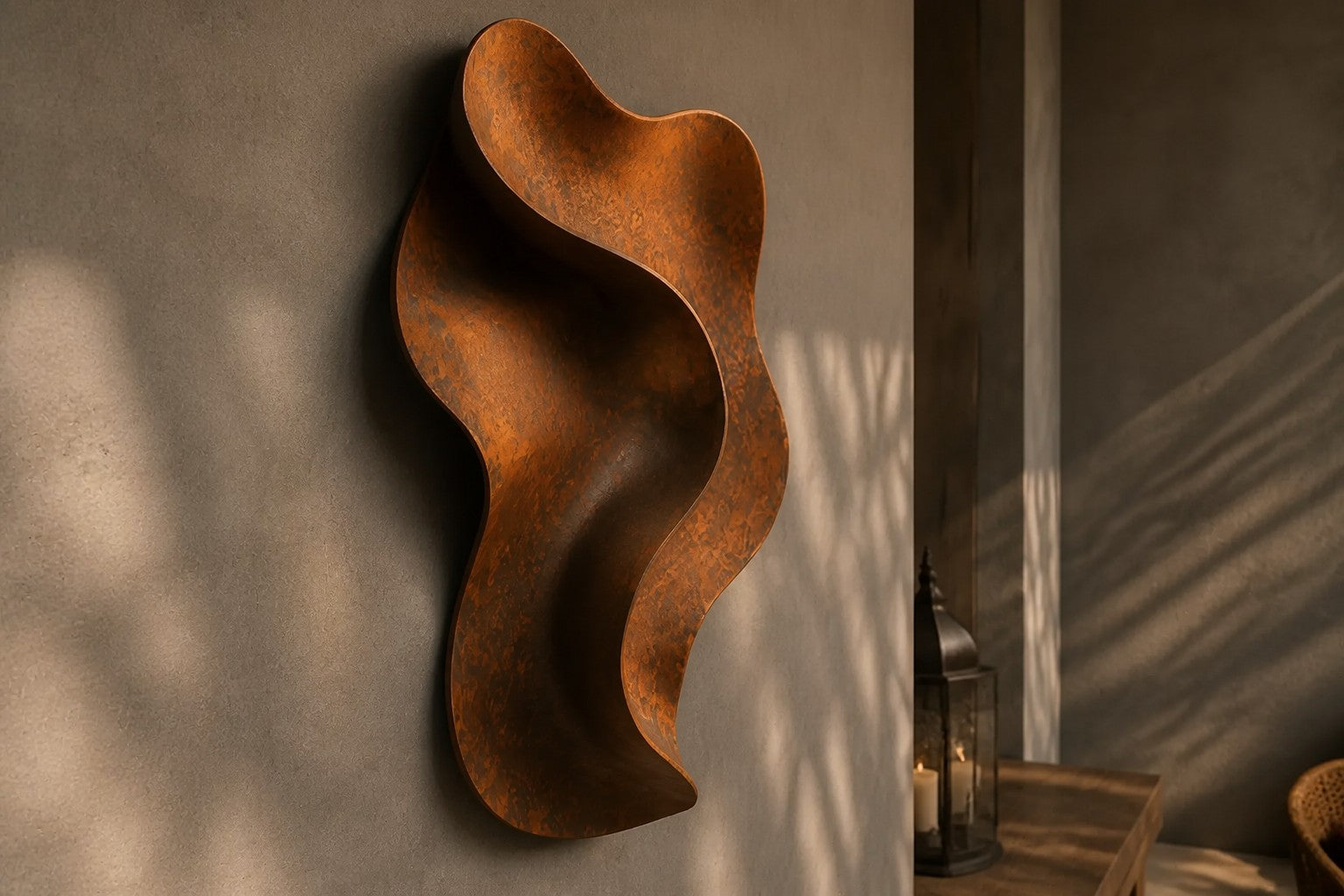 Satin steel steel wall sculpture Eco, concentric rings stepping back to a recessed centre, on a plaster wall.