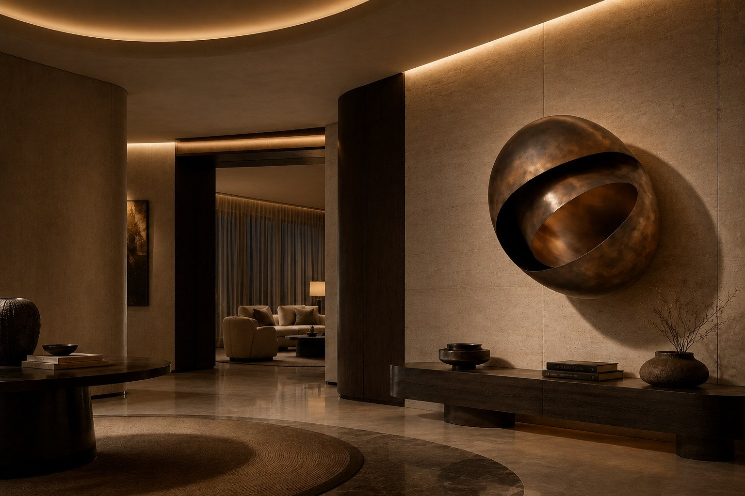 Large ovoid bronze sculpture cut open to reveal a polished interior, standing on a stone floor.