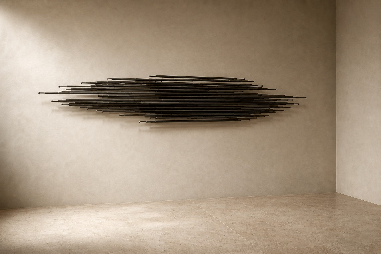 Graphite steel wall sculpture Saeta, a single tapered blade laid across a concealed rail, on a plaster wall.